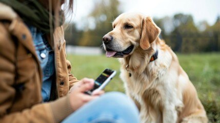 Young woman enjoys outdoor relaxation with her loyal golden retriever companion