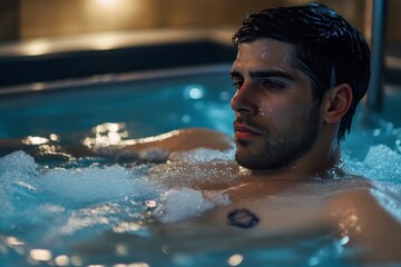 Man engaging in ice plunge pool therapy for post workout recovery after sports exercise