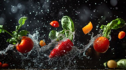 Floating vegetables with water droplets in mid-air, dark background