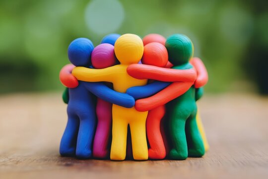 Vibrant plasticine figures embracing  symbolizing teamwork and community spirit in business