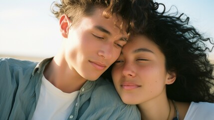 Fototapeta premium Close-up of a young couple enjoying a tender moment outdoors