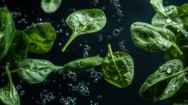 Fresh green spinach leaves floating in water droplets against a