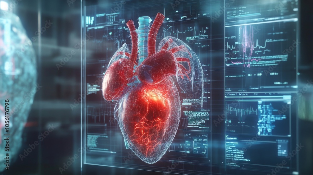 Poster A detailed, three-dimensional visualization of a human heart is displayed in a modern laboratory environment, surrounded by various medical data and analysis charts on transparent screens.