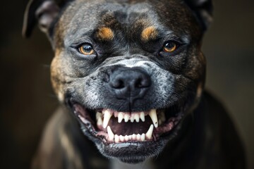 Intense portrait of an aggressive pit bull terrier snarling with sharp teeth at the camera