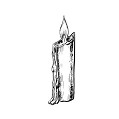 A burning candle. Vector black and white graphics. Hand-drawn illustration on a white background. An element of the design of postcards, flyers, posters. For labels, flyers, banners and more.