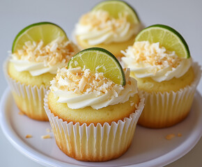 Coconut lime cupcakes with fresh lime slices, toasted shredded coconut and buttercream frosting - isolated on white background.