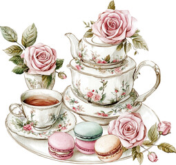 Elegant Tea Set with Macarons and Floral Decor on Serving Tray
