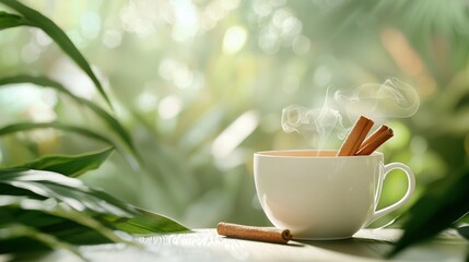   A cup of cinnamon sticks sits atop a table against a green leafy backdrop, alongside a white cup containing cinnamon sticks