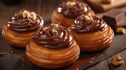 Churro donuts topped with chocolate icing, isolated on a dark wood surface, with melted chocolate and nuts