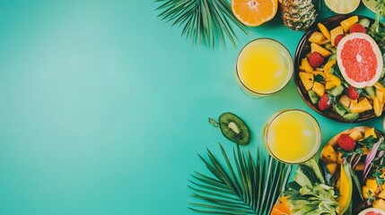   A table topped with bowls of fruit, glasses of orange juice, and a plate of pineapples