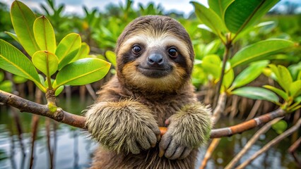 Fototapeta premium sloth animal on tree branch and looking at camera. Generative AI.
