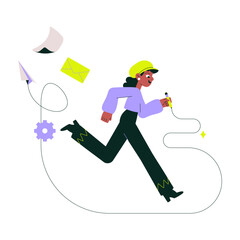 Obraz premium Female Worker Running In Digital Escape Theme With Document And Gear In Flat Vector Illustration Symbolizing Efficiency, Communication, And Work Process, Isolated On White Background