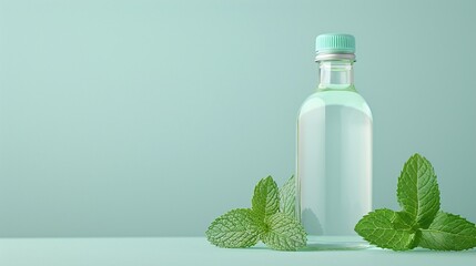 Glass bottle of olive oil with cork stopper, surrounded by whole green olives and fresh rosemary sprigs, pastel green background, premium cooking oil concept, minimalistic design, copy space

