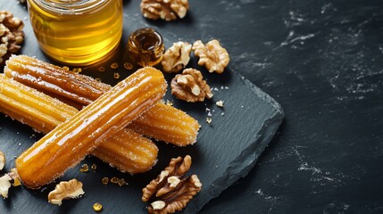 Fototapeta premium Churros with a honey glaze, isolated on a black slate, with scattered walnuts and a small jar of honey