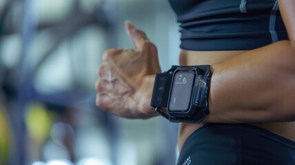 Fitness tracker on athlete's arm during workout in gym setting