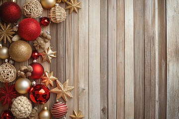 Holiday-themed wooden background with vertical planks, adorned with red, gold, and silver baubles, wicker stars, and a snowflake on the left, leaving the right side empty with textured wood