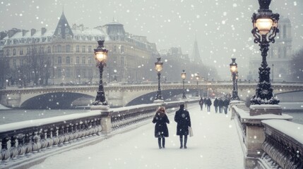 Snow falling gently on the bridges of Paris, with pedestrians walking across