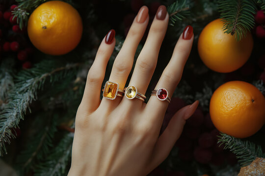 hand displaying three luxurious gemstone rings against a festive backdrop with citrus and pine, ideal for holiday gifting