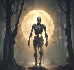 Fototapeta premium Illustration of mummy ghost walking in spooky forest with large moon behind.