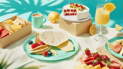 Obraz premium A table topped with dishes of food beside a glass of drink and a platter of fruit on top