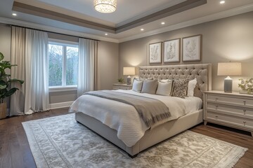 Fototapeta premium home interior design, grey and beige blend in a calming bedroom with a cozy rug and gentle lighting, creating a serene atmosphere for sleeping
