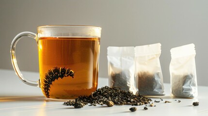 Fototapeta premium Herbal tea infusion with dried leaves and transparent glass mug