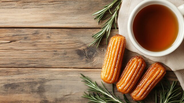 Classic churros dipped in spiced honey, isolated on a rustic wood surface, with rosemary sprigs and a cup of chai tea