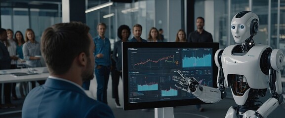 An inclusive team of business professionals working with a humanoid robot on an innovation project in a futuristic setting