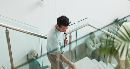 Businessmen, handshake and meeting with tablet for deal, onboarding or goodbye at office. Young, employees or employer shaking hands with client or candidate for thank you or agreement on staircase