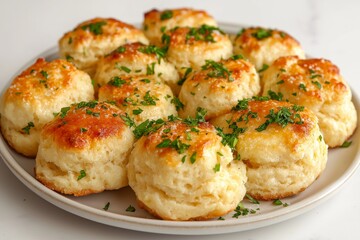 Golden, cheesy biscuits topped with herbs on a plate.
