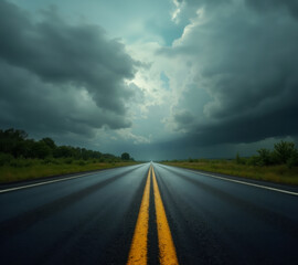 Naklejka premium Empty rural highway stretches to horizon under dramatic storm clouds. Yellow double lines lead perspective through wet asphalt. Moody teal-tinted sky creates ominous atmosphere. 