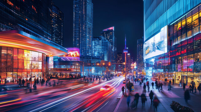 Vibrant illumination paints toronto's bustling city street at night, capturing the energy of urban life with blurred car lights and pedestrians