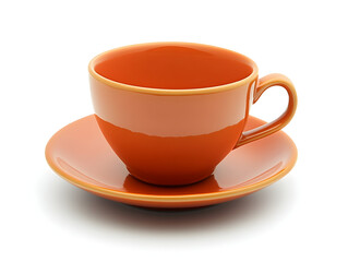 A bright orange ceramic teacup and saucer set against a white background.