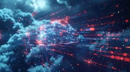 Obraz premium Cloud computing technology transferring data through futuristic network of lights and particles forming a cloud shape, symbolizing innovation and the future of digital storage and connectivity