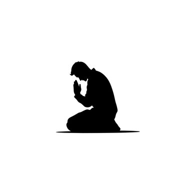 recommend clip art: vector silhouette of a praying kneeling man on a white background .Generative AI