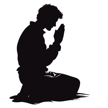 recommend clip art: vector silhouette of a praying kneeling man on a white background .Generative AI
