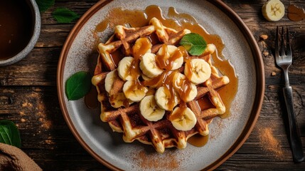 Waffles with sliced bananas, caramel sauce, and a sprinkle of cinnamon