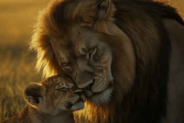 A tender moment between a male lion and his cub on the African savanna