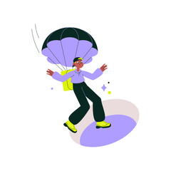 Man Landing With Parachute In Flat Vector Illustration Symbolizing Log In, Adventure, Courage, And Exploration, Isolated On White Background
