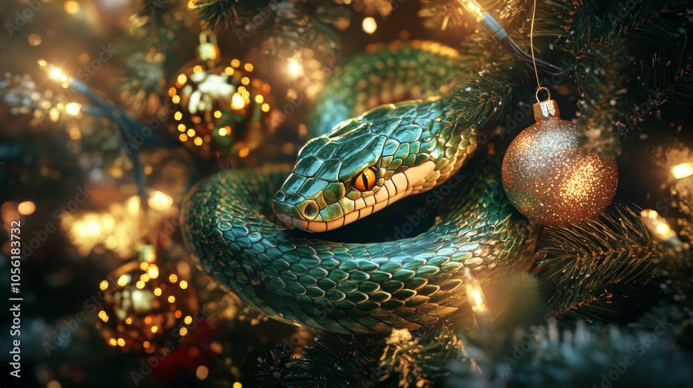 Poster a vibrant green snake is coiled around a christmas tree, accentuating the colorful golden ornaments 
