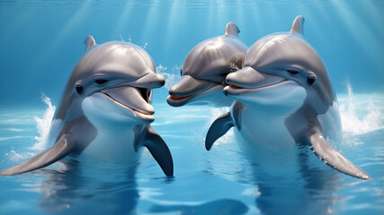 Naklejka premium Two dolphins joyfully touching noses in crystal-clear blue water, playfully splashing around each other