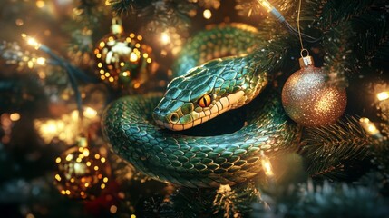 Fototapeta premium A vibrant green snake is coiled around a Christmas tree, accentuating the colorful golden ornaments and glimmering lights. The holiday setting adds a unique charm to the natural scene.