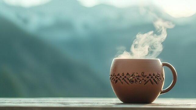   A steaming cup sits atop a wooden table, beside a mountain shrouded in cloudy smoke and steam