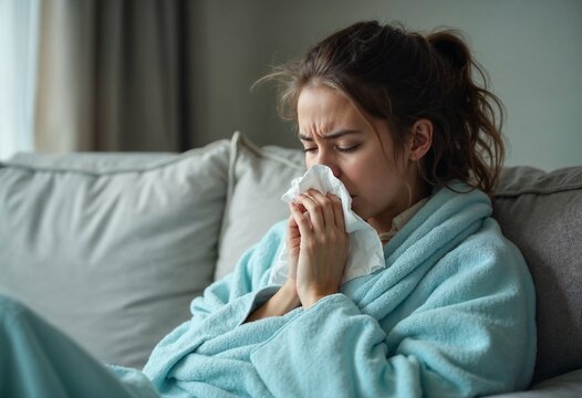 Sick day at home. Woman has runny and common cold