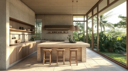Elegant Dining Island Kitchen: A spacious kitchen with a central island made of natural stone, featuring stylish wooden bar stools