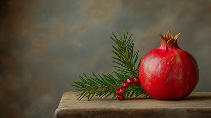 Whole Pomegranate with Pine Sprig on Rustic Background &ndash; Vibrant Red Fruit Contrasting with Natural Pine for Festive, Earthy Aesthetic
