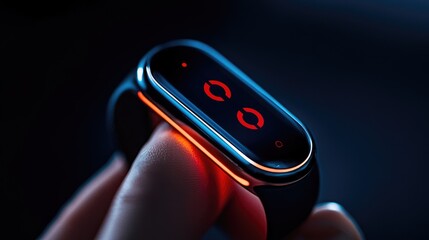 Hand holding a glowing fitness tracker on dark background, closeup