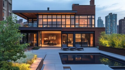 Obraz premium Industrial modern villa, exposed brick, steel beams, rooftop terrace, urban skyline