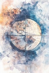 Obraz premium A watercolor illustration of the Earth divided by the Prime Meridian, surrounded by artistic washes of blue and orange tones, symbolizing global exploration and unity 