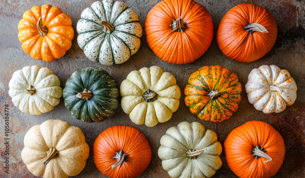 Poster colorful pumpkins of different shapes and sizes are arranged on a rustic wooden table, capturing the